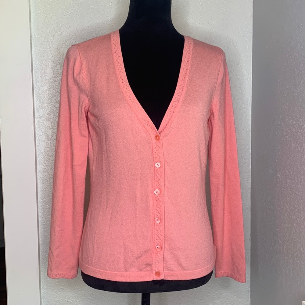 Vintage Talbots Coral Pink Pointelle knit Cardigan Sweater lightweight cozy soft